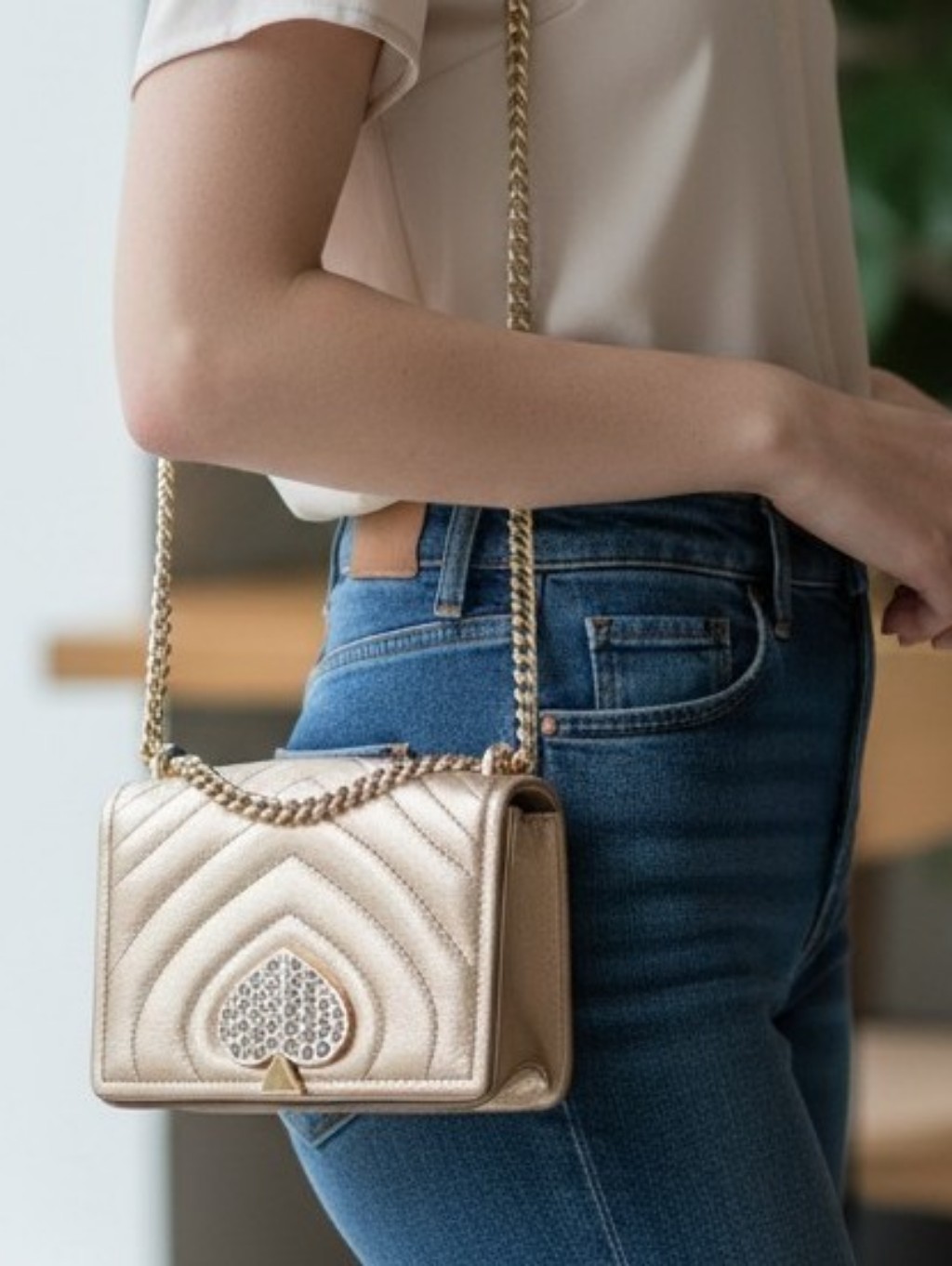 Kate Spade Rose Gold Quilted Leather Amelia Jeweled Chain Shoulder Bag